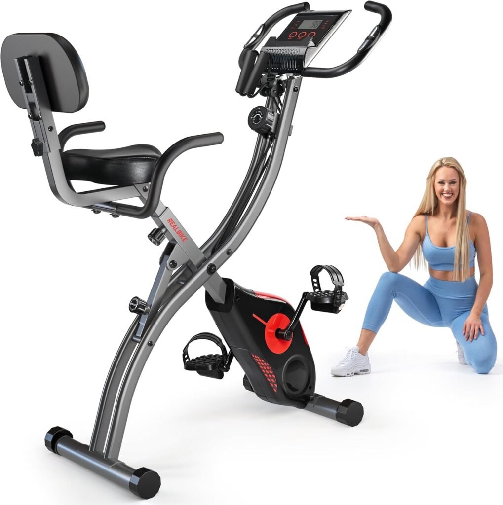 Folding Exercise Bike Portable Upright Adjustable Backrest Cycling Recumbent Stationary Bike Slim Indoor Workout Fitness Cardio Foldable Exercise Bicycle Machine with Pulse Sensor LCD Monitor Arm Resistance Bands