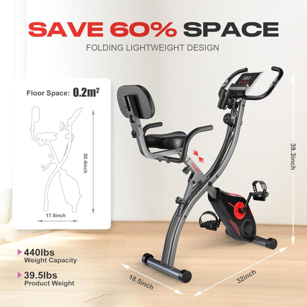 Folding Exercise Bike Portable Upright Adjustable Backrest Cycling Recumbent Stationary Bike Slim Indoor Workout Fitness Cardio Foldable Exercise Bicycle Machine with Pulse Sensor LCD Monitor Arm Resistance Bands