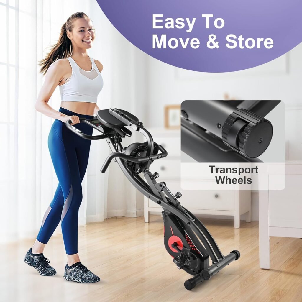 Folding Exercise Bike Portable Upright Adjustable Backrest Cycling Recumbent Stationary Bike Slim Indoor Workout Fitness Cardio Foldable Exercise Bicycle Machine with Pulse Sensor LCD Monitor Arm Resistance Bands