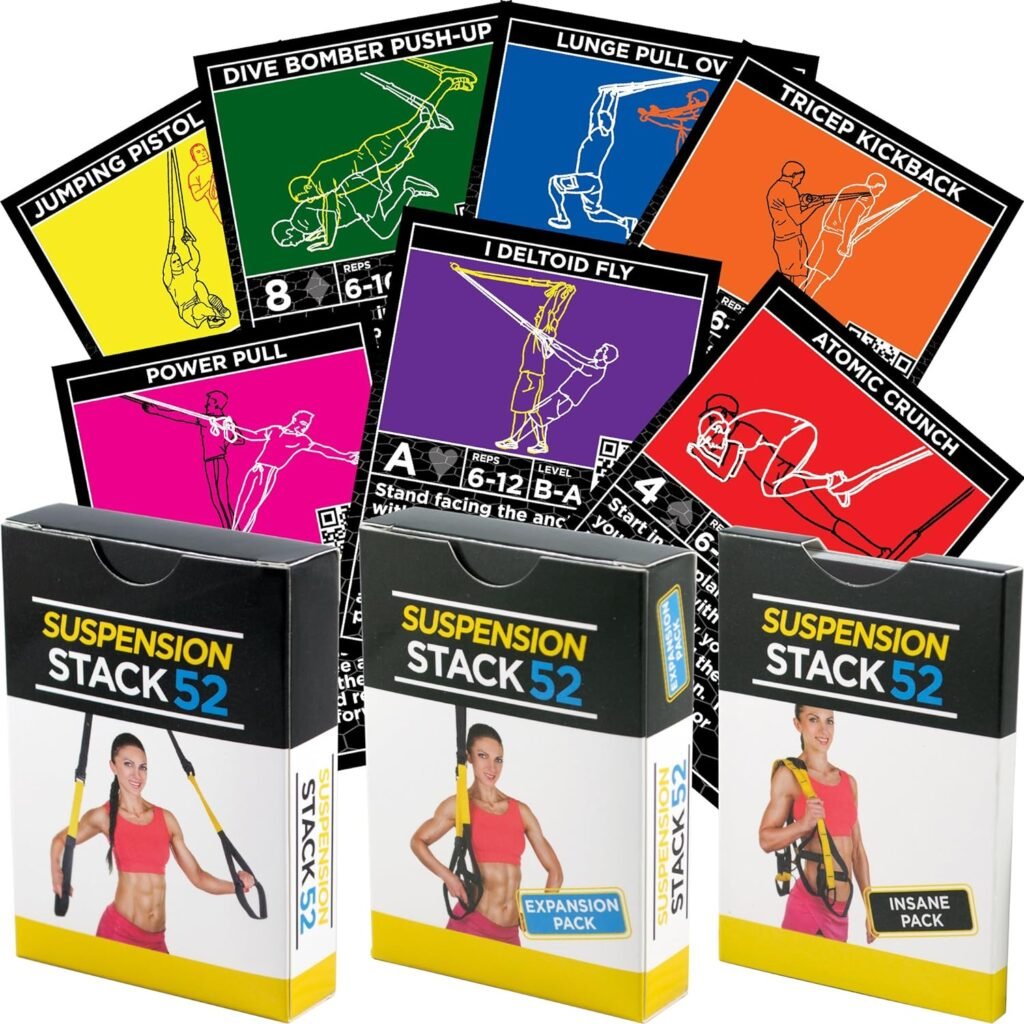 Stack 52 Suspension Exercise Cards. Compatible with All Suspension Trainers. Suspended Bodyweight Resistance Workout Game. Video Instructions Included. Fun Home Fitness Program.