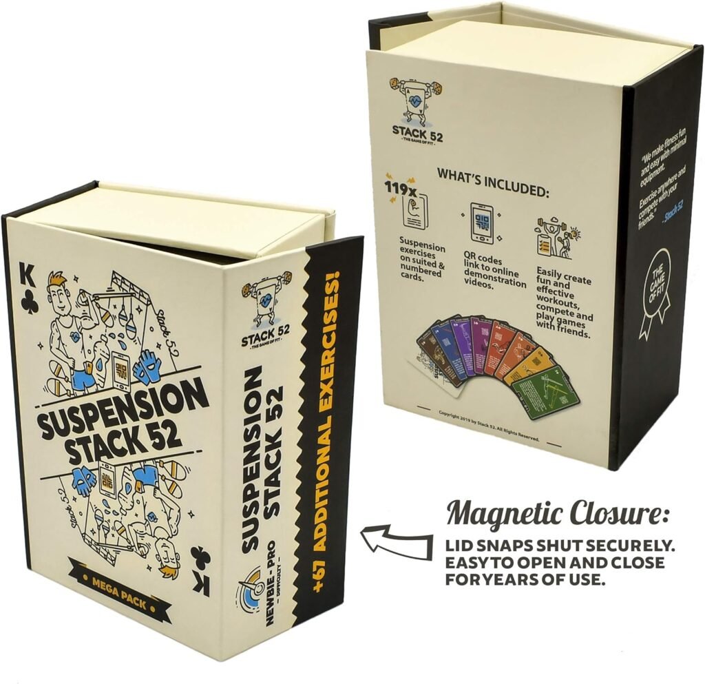 Stack 52 Suspension Exercise Cards. Compatible with All Suspension Trainers. Suspended Bodyweight Resistance Workout Game. Video Instructions Included. Fun Home Fitness Program.