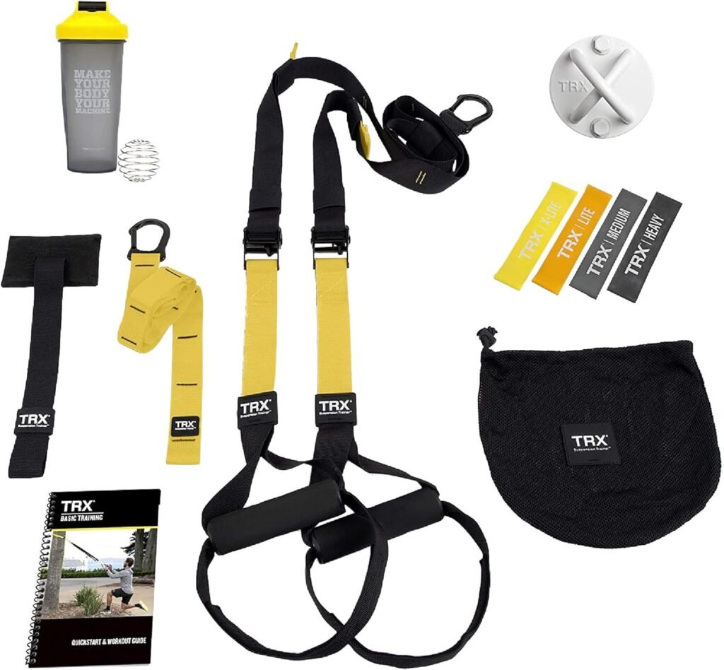 TRX Training All-in-One Suspension Trainer Exercise Equipment Bundle with XMount Wall Anchor, 4 Strength-Exercise Bands, and Shaker Bottle, 10 Items Total