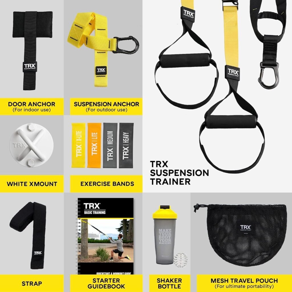 TRX Training All-in-One Suspension Trainer Exercise Equipment Bundle with XMount Wall Anchor, 4 Strength-Exercise Bands, and Shaker Bottle, 10 Items Total