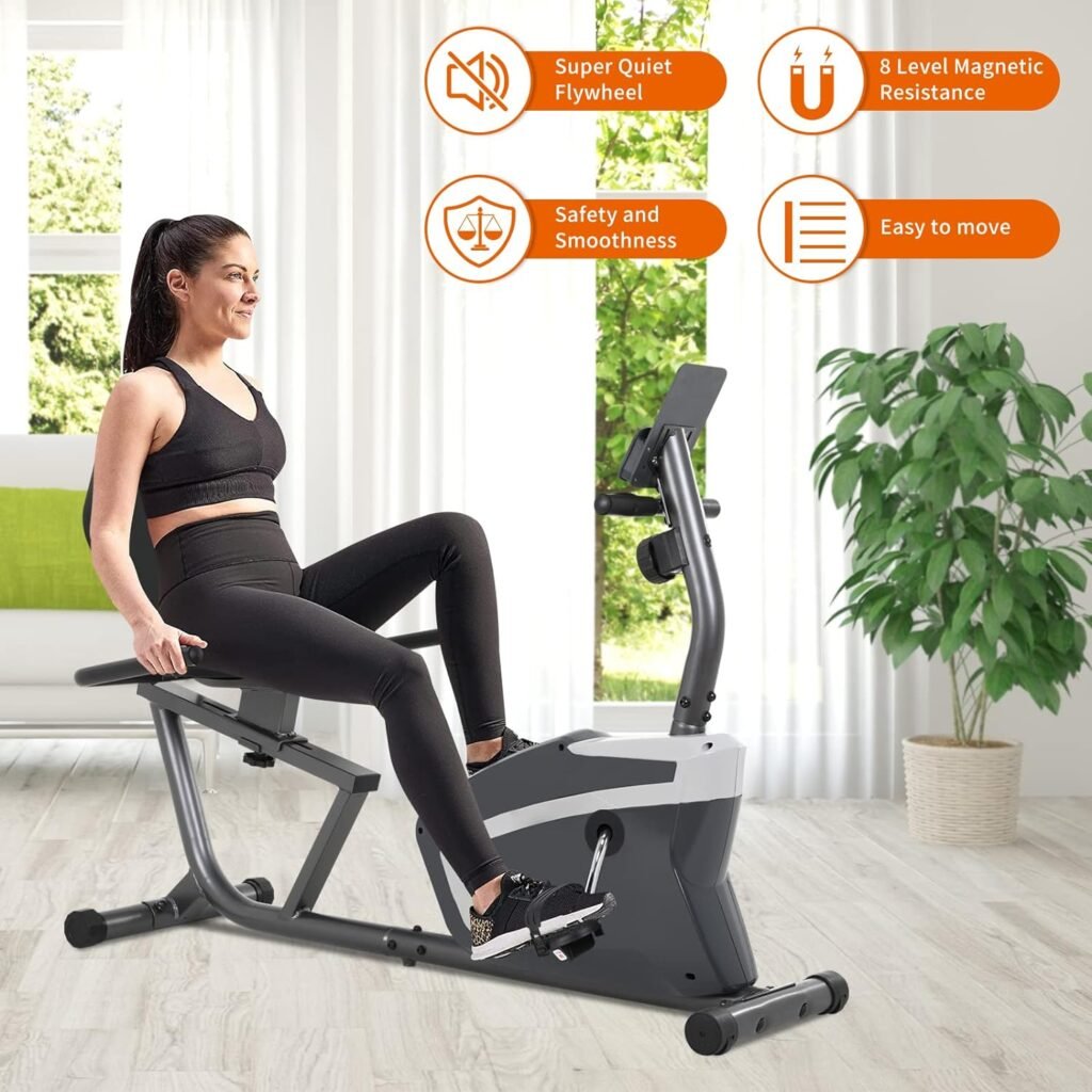 Exercise Bike,Magnetic Recumbent Exercise Bike,Stationary Bike for Home,Indoor Stationary Bike with Pulse Rate Monitoring 8 Levels Magnetic Large Comfortable Seat with Phone Holder for Home Gym